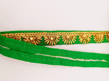 Embroidered Green Silk Trim With Gold Embroidery, Lace Trim By 2 Yard, Decorative Trimming